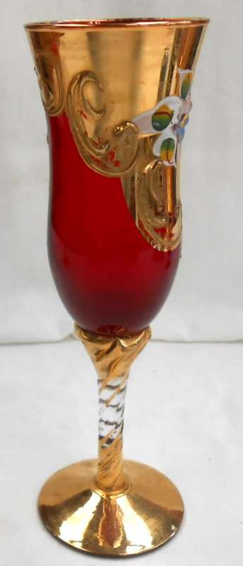 Tall Champagne Glass Ruby Red Heavy Gilt Gold Hand Painted raised enamel flowers & Twisted Gilt Stem