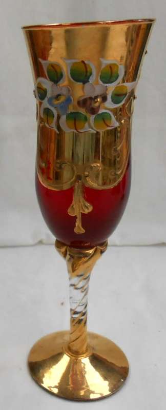 Tall Champagne Glass Ruby Red Heavy Gilt Gold Hand Painted raised enamel flowers & Twisted Gilt Stem