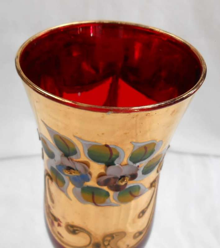 Tall Champagne Glass Ruby Red Heavy Gilt Gold Hand Painted raised enamel flowers & Twisted Gilt Stem