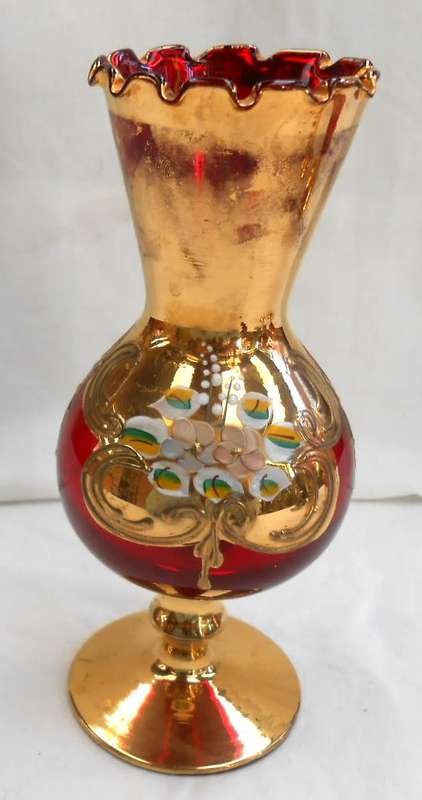 Vintage Italian Ruby Red & Heavy 24 K Gold hand painted Venetian Vase with ruffle edge