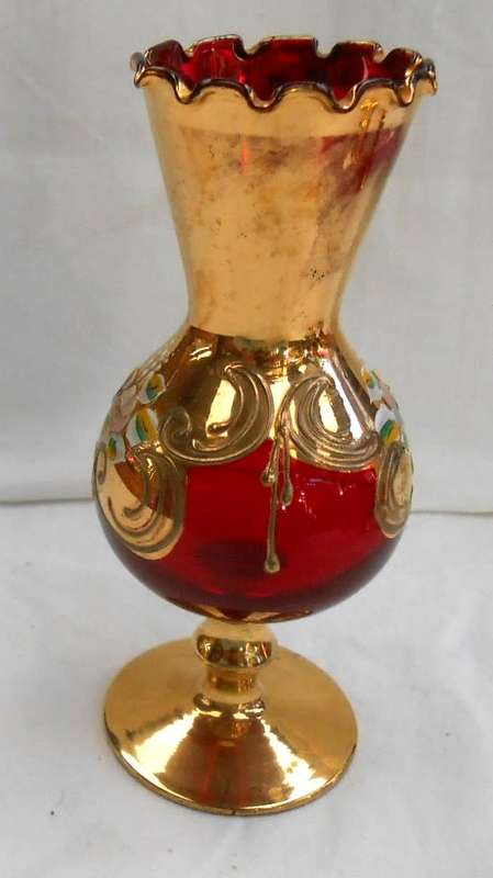 Vintage Italian Ruby Red & Heavy 24 K Gold hand painted Venetian Vase with ruffle edge