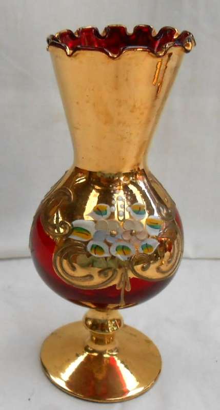 Vintage Italian Ruby Red & Heavy 24 K Gold hand painted Venetian Vase with ruffle edge