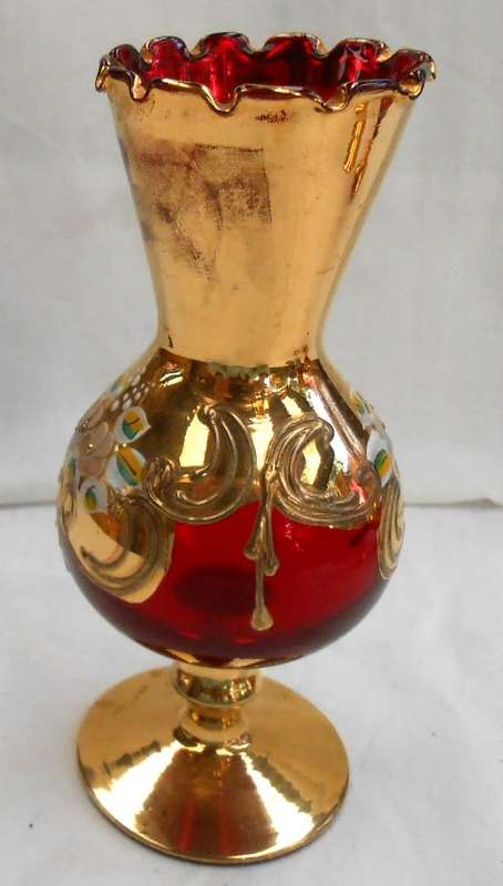 Vintage Italian Ruby Red & Heavy 24 K Gold hand painted Venetian Vase with ruffle edge