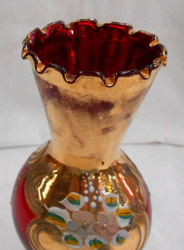 Vintage Italian Ruby Red & Heavy 24 K Gold hand painted Venetian Vase with ruffle edge