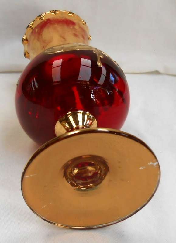Vintage Italian Ruby Red & Heavy 24 K Gold hand painted Venetian Vase with ruffle edge
