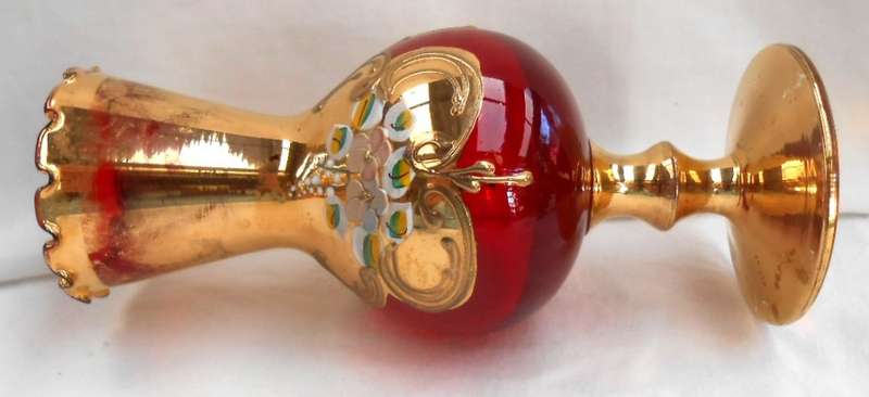 Vintage Italian Ruby Red & Heavy 24 K Gold hand painted Venetian Vase with ruffle edge