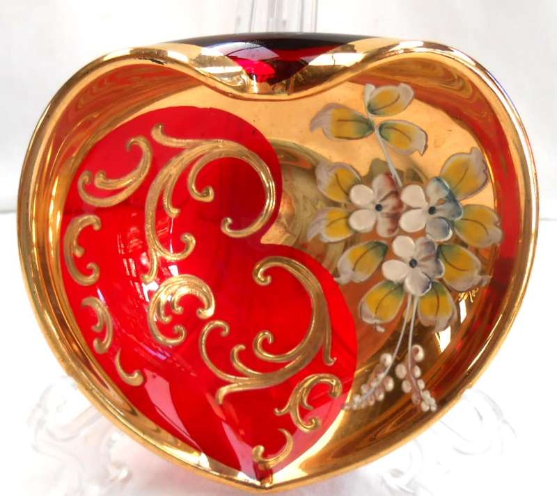 Vintage Murano Italy Glass Trinket Dish Red Gold Gilt Hand Painted Heart Shaped-Exc