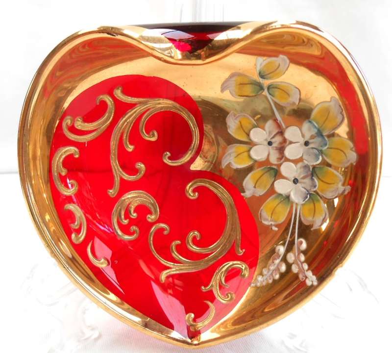 Vintage Murano Italy Glass Trinket Dish Red Gold Gilt Hand Painted Heart Shaped-Exc