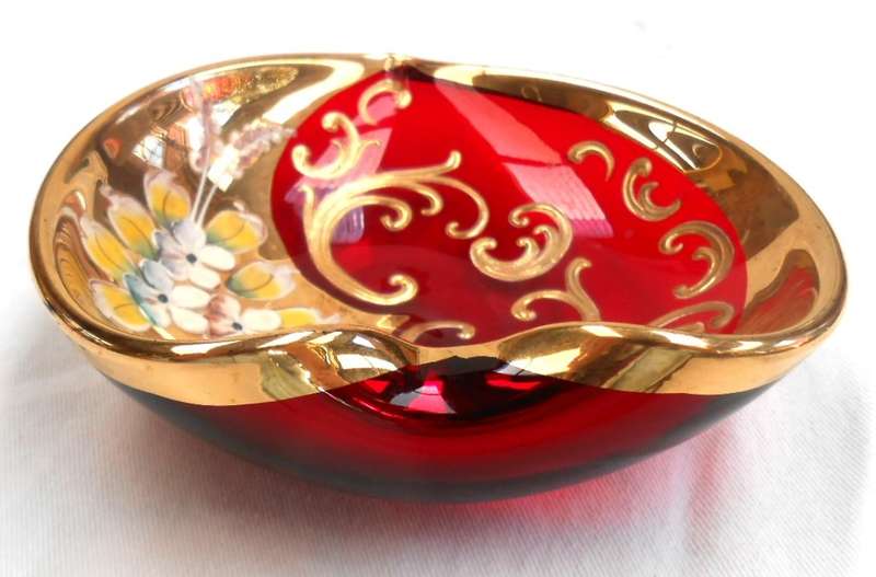 Vintage Murano Italy Glass Trinket Dish Red Gold Gilt Hand Painted Heart Shaped-Exc