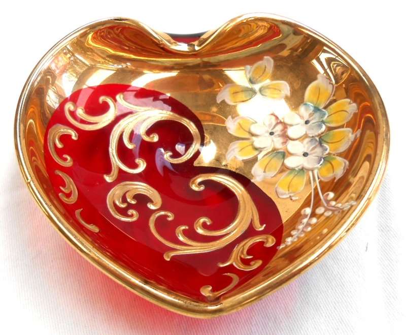 Vintage Murano Italy Glass Trinket Dish Red Gold Gilt Hand Painted Heart Shaped-Exc