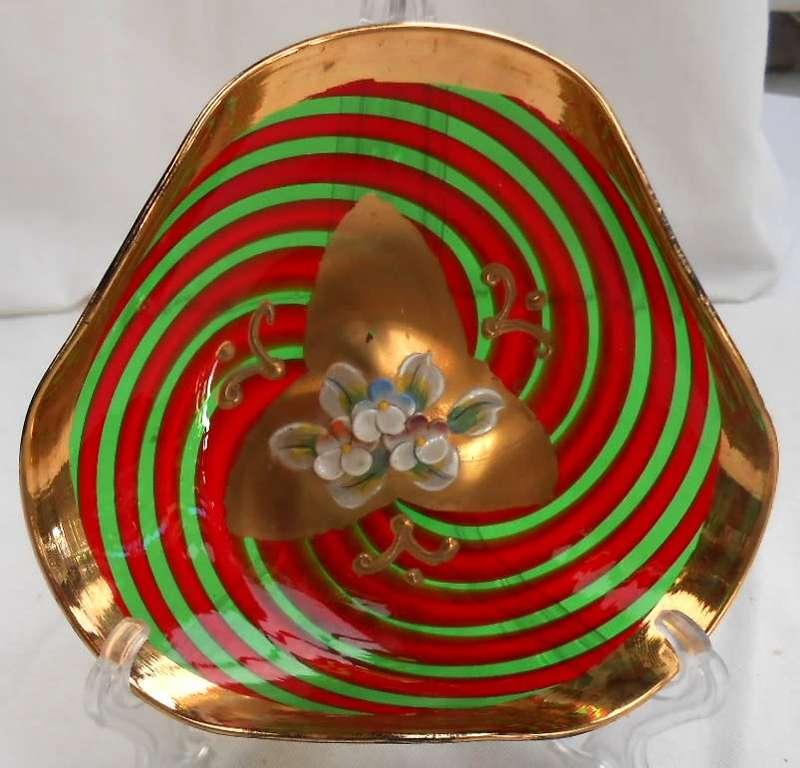 1960s Venetian Murano Salviati Retro Red-Green swirl & Gilt Glass Small Dish, Hand Painted flowers