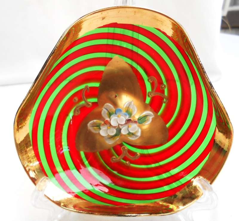 1960s Venetian Murano Salviati Retro Red-Green swirl & Gilt Glass Small Dish, Hand Painted flowers