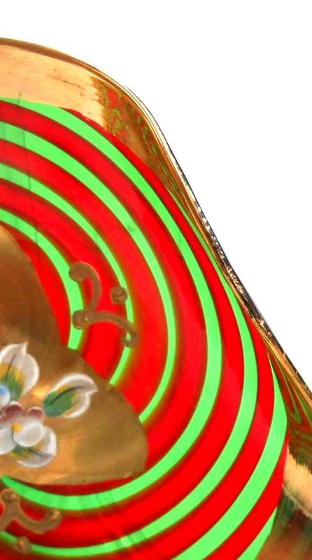 1960s Venetian Murano Salviati Retro Red-Green swirl & Gilt Glass Small Dish, Hand Painted flowers