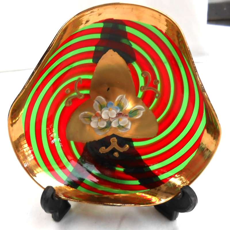 1960s Venetian Murano Salviati Retro Red-Green swirl & Gilt Glass Small Dish, Hand Painted flowers