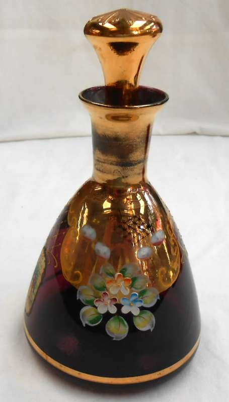 Rare Amethyst Venetian Decorated Old English Lavender Decanter Floral Enamel 24K Gold