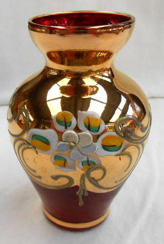 Vintage Heavily Gilded Small Red Venetian Glass Vase 11 cm