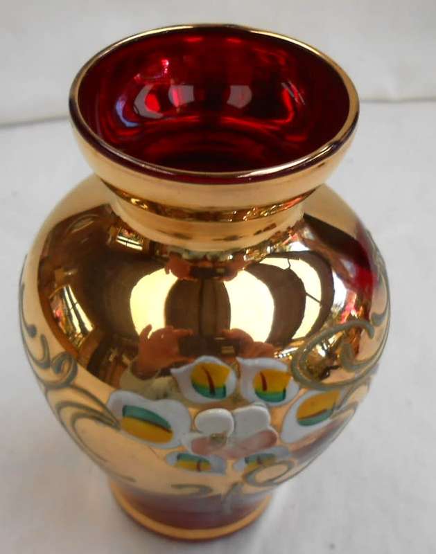 Vintage Heavily Gilded Small Red Venetian Glass Vase 11 cm
