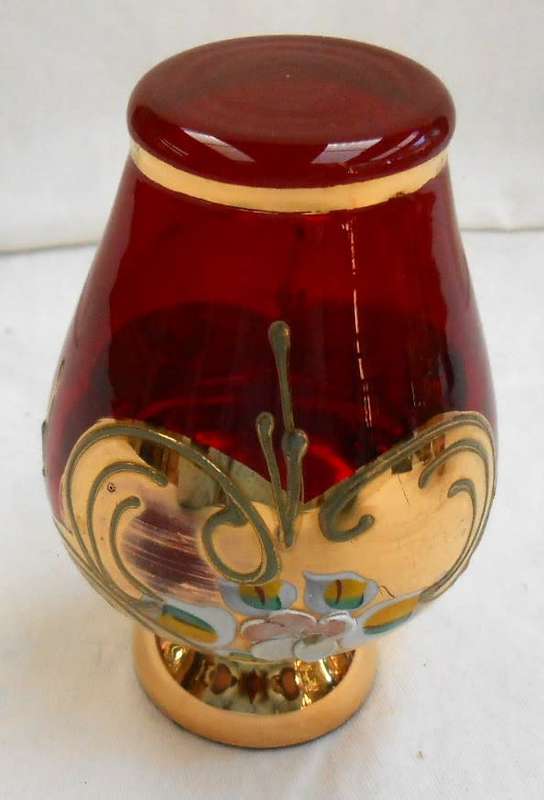 Vintage Heavily Gilded Small Red Venetian Glass Vase 11 cm
