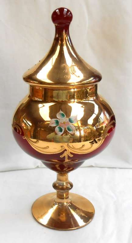 Venetian Glass Lidded Footed Compote Vase/Candy Dish with Floral Enamel 24K Gold-Como-made in Italy