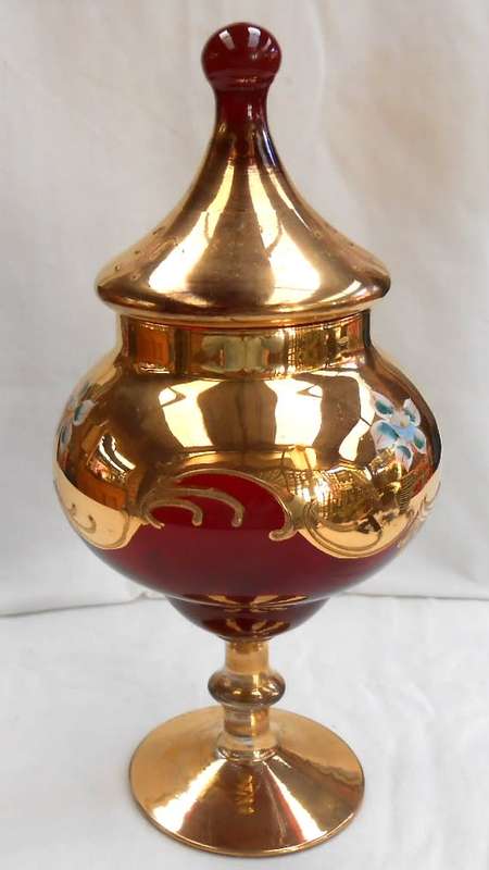 Venetian Glass Lidded Footed Compote Vase/Candy Dish with Floral Enamel 24K Gold-Como-made in Italy