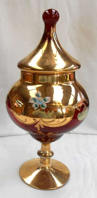 Venetian Glass Lidded Footed Compote Vase/Candy Dish with Floral Enamel 24K Gold-Como-made in Italy