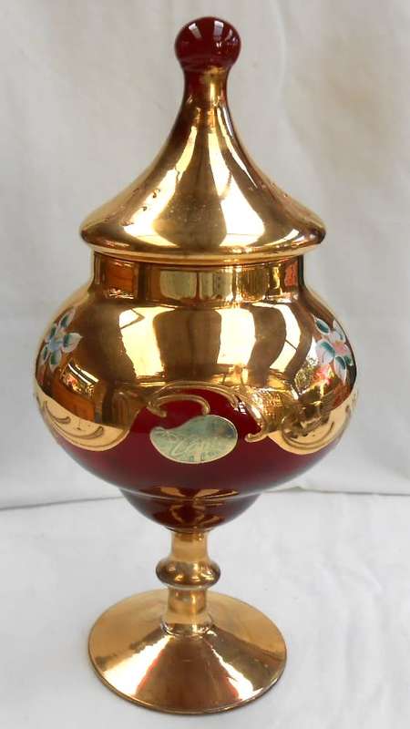 Venetian Glass Lidded Footed Compote Vase/Candy Dish with Floral Enamel 24K Gold-Como-made in Italy