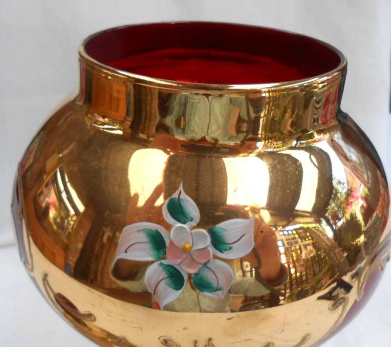 Venetian Glass Lidded Footed Compote Vase/Candy Dish with Floral Enamel 24K Gold-Como-made in Italy