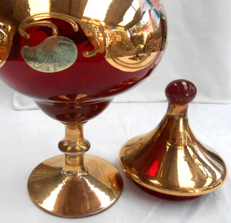 Venetian Glass Lidded Footed Compote Vase/Candy Dish with Floral Enamel 24K Gold-Como-made in Italy