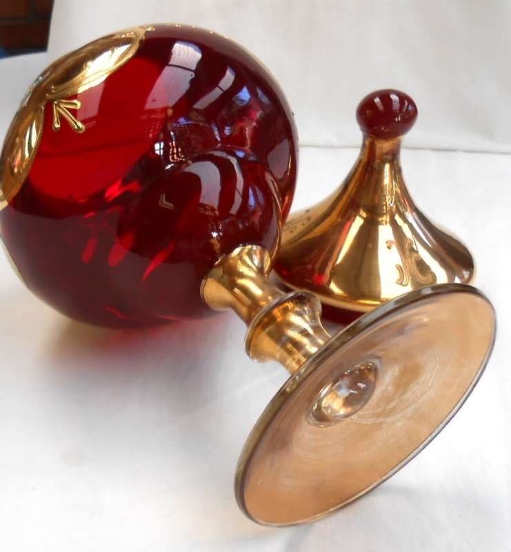Venetian Glass Lidded Footed Compote Vase/Candy Dish with Floral Enamel 24K Gold-Como-made in Italy