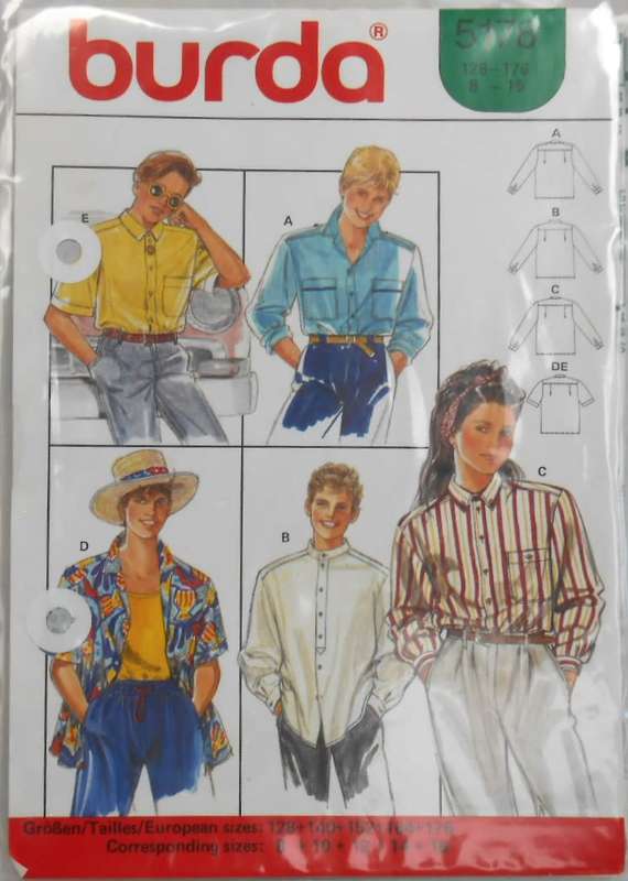BURDA 5157 SET OF SHIRTS SIZES 8-16 COMPLETE-UNCUT-F/FOLDED-ZIPLOC