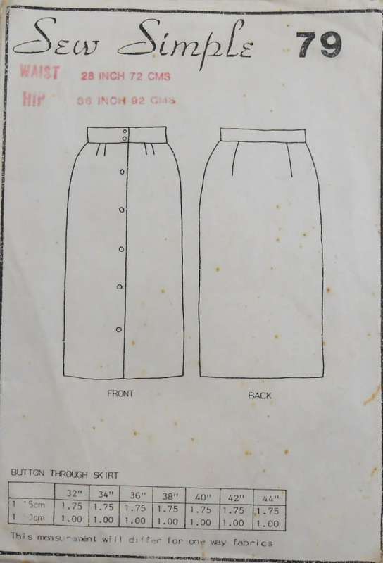 SEW SIMPLE 79 BUTTON THROUGH SKIRT SIZE WAIST 28/72CM HIP 36/92 CM COMPLETE