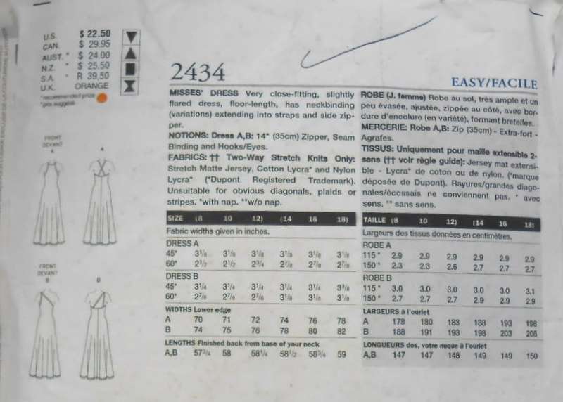 VOGUE 2434 VERY CLOSE FITTING SLIGHTLY FLARED DRESS SIZES 8-10-12 COMPLETE-CUT TO 10
