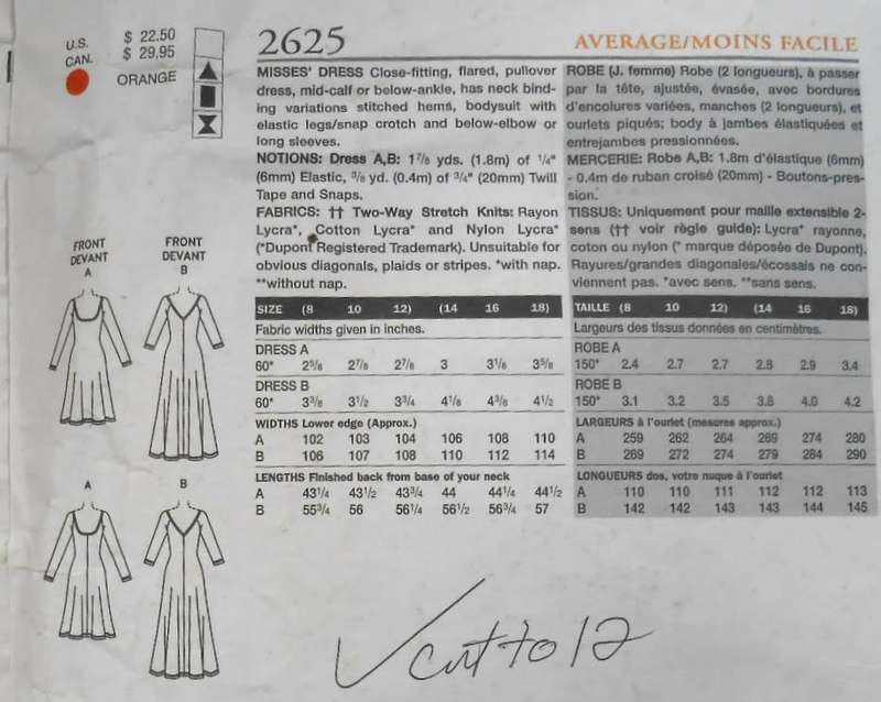 VOGUE 2625 CLOSE FITTING FLARED PULLOVER DRESS SIZES 8-10-12 COMPLETE-CUT TO 12