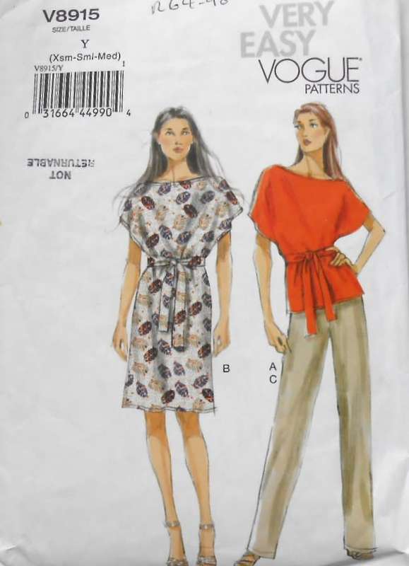 VOGUE V8915 TOP-DRESS-BELT-PANTS SIZE XS-S-M (4-14) COMPLETE-CUT TO M14