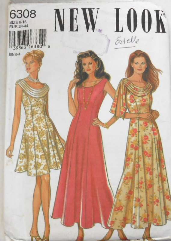 NEW LOOK PATTERNS 6308 DRESS WITH/OUT NECKLINE DRAPE - SIZE 8-18 COMPLETE-UNCUT-F/FOLDED