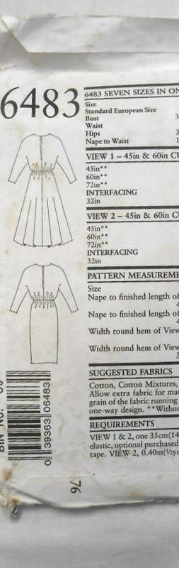 NEW LOOK PATTERNS 6483 DRESS WITH DOLMAN SLEEVES SIZE 8-20 COMPLETE-UNCUT-F/FOLDED