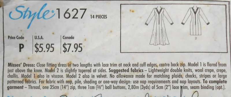 STYLE 1627 CLOSE FITTING DRESS WITH LACE TRIM NECKLINE SIZE 8-14 -COMPLETE-CUT TO 14