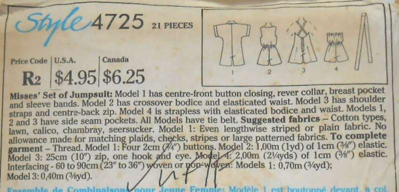 STYLE 4725 SET OF JUMPSUITS SIZE 8-10-12 COMPLETE-UNCUT-F/FOLDED