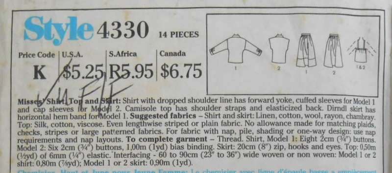 STYLE 4330 SHIRT-TOP-SKIRT SIZE 10-12-14 - COMPLETE-UNCUT-F/FOLDED