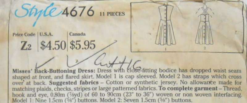 STYLE 4676 BACK BUTTON DRESS SIZE 12-14-16 - COMPLETE-CUT TO 16-ZIPLOC