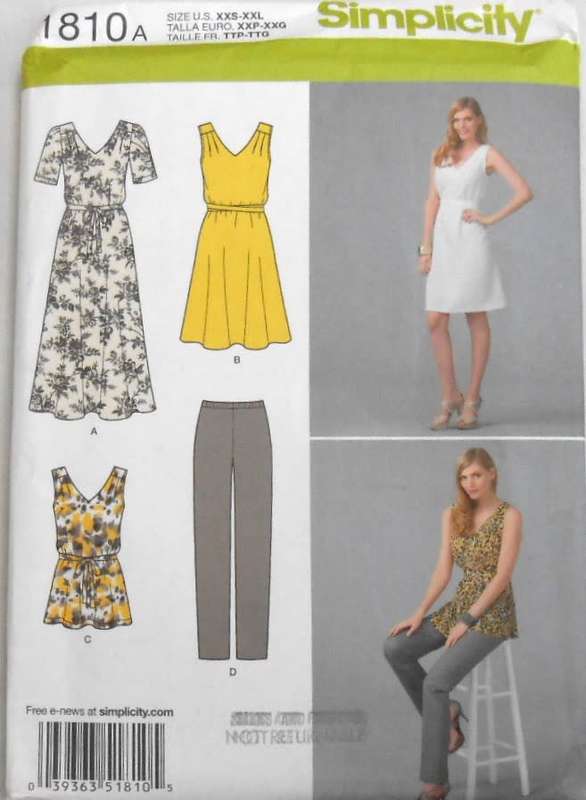 SIMPLICITY 1810 DRESS-TUNIC-PANTS  SIZE XXS-XXL (4-26)-COMPLETE-UNCUT-F/FOLDED