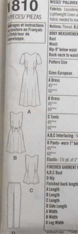 SIMPLICITY 1810 DRESS-TUNIC-PANTS  SIZE XXS-XXL (4-26)-COMPLETE-UNCUT-F/FOLDED