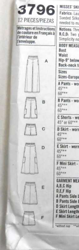 SIMPLICITY 3796 SKIRT IN 3 LENGTHS-PANTS OR SHORTS IN 2 LENGTHS SIZE 8-16-COMPLETE-UNCUT-F/FOLDED