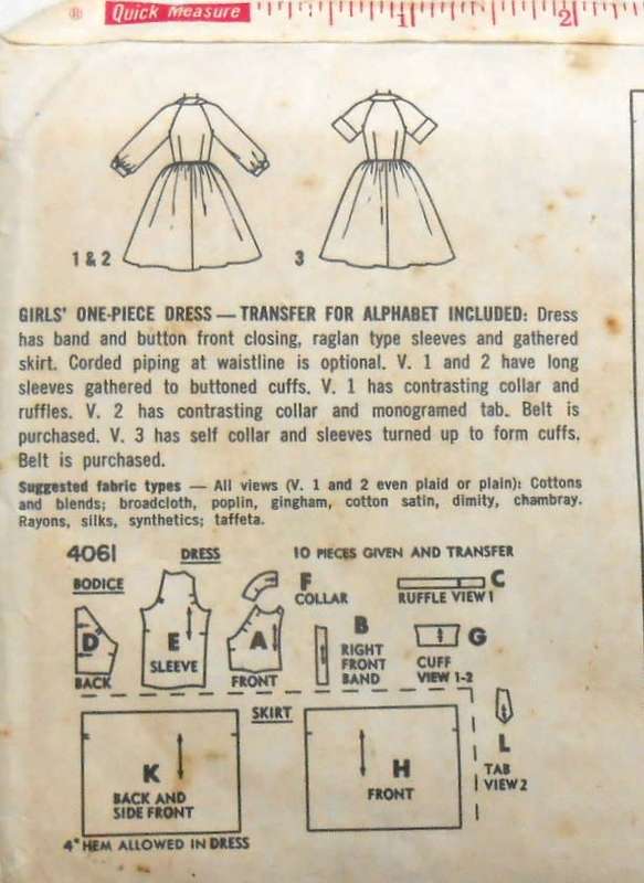 VINTAGE SIMPLICITY 4061 GIRLS ONE PIECE DRESS WITH TRANSFER SIZE 12 YEARS -COMPLETE