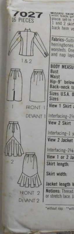 SIMPLICITY 7027 STAND UP COLLAR JACKET & SKIRT SIZE 12 COMPLETE-UNCUT-F/FOLDED