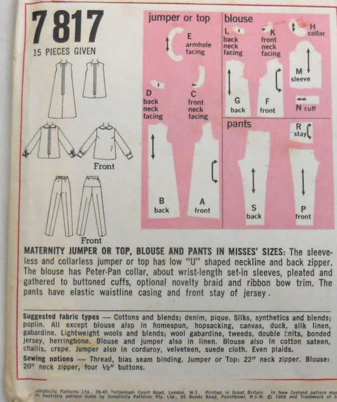 VINTAGE SIMPLICITY 7817 MATERNITY TOP-PINAFORE-BLOUSE-PANTS SIZE 10 BUST 32  1/2 COMPLETE