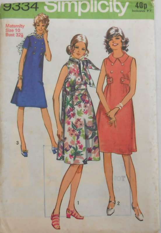 SIMPLICITY 9334-MATERNITY DRESS-SCARF-BELT SIZE 10 BUST 32 1/2 COMPLETE-UNCUT-F/FOLDED