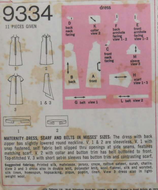 SIMPLICITY 9334-MATERNITY DRESS-SCARF-BELT SIZE 10 BUST 32 1/2 COMPLETE-UNCUT-F/FOLDED