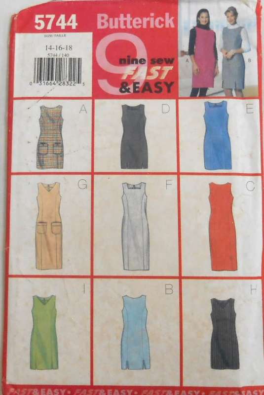 BUTTERICK 5744 FITTED SLIGHTLY TAPERED PINAFORE DRESS SIZE 14-16-18 COMPLETE-CUT TO 18