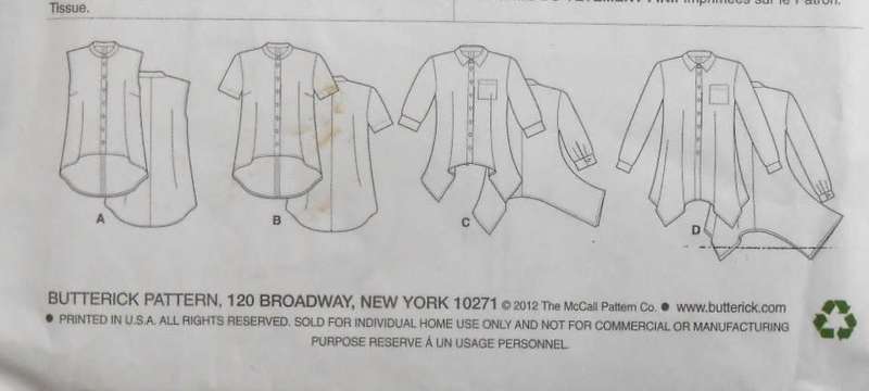 BUTTERICK B5786 LOOSE FITTING SHIRTS SIZE 8-10-12-14-16 COMPLETE-PART CUT TO 16